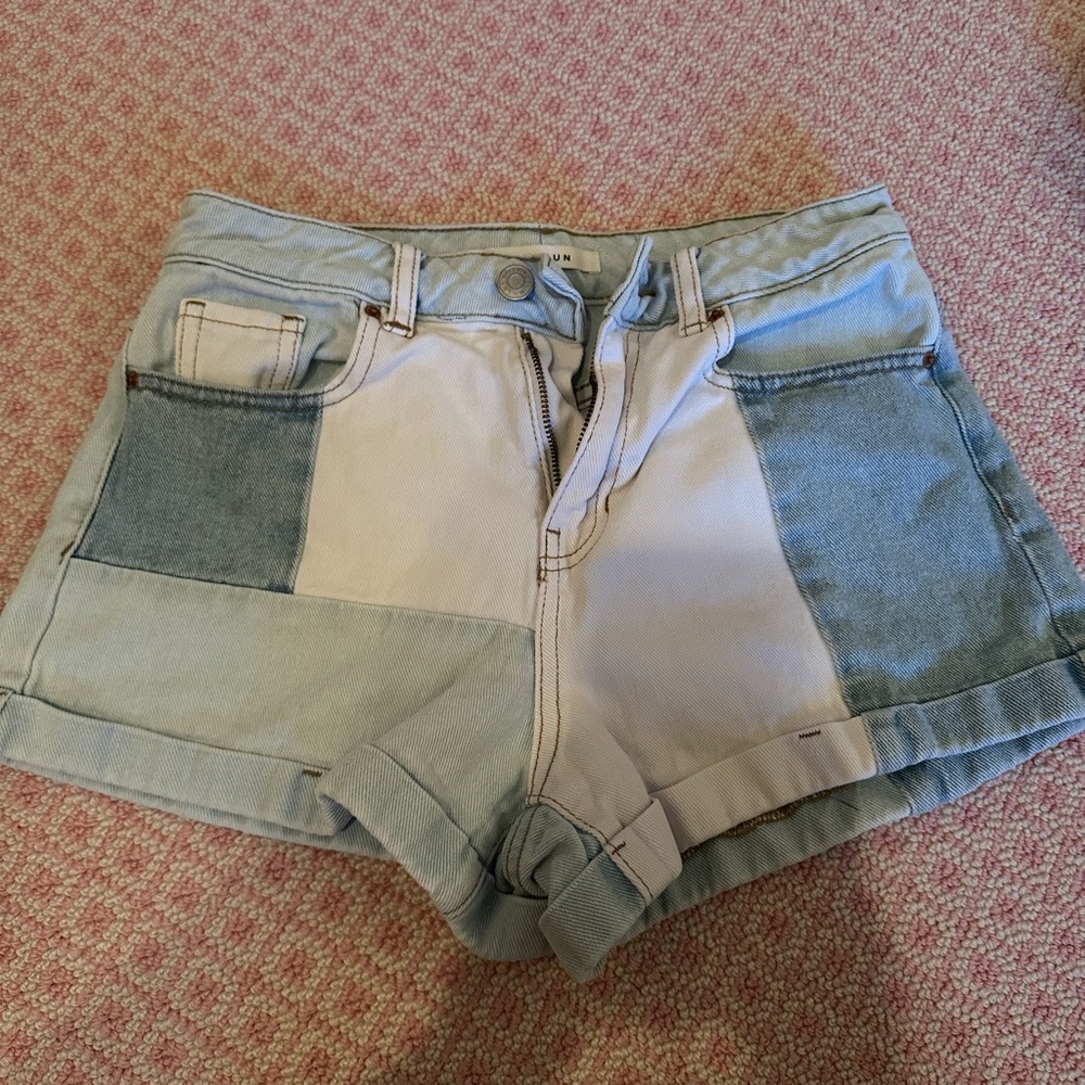 PACSUN Women’s Patchwork High Waist Multi Blue Color Denim Mom Shorts Size 25